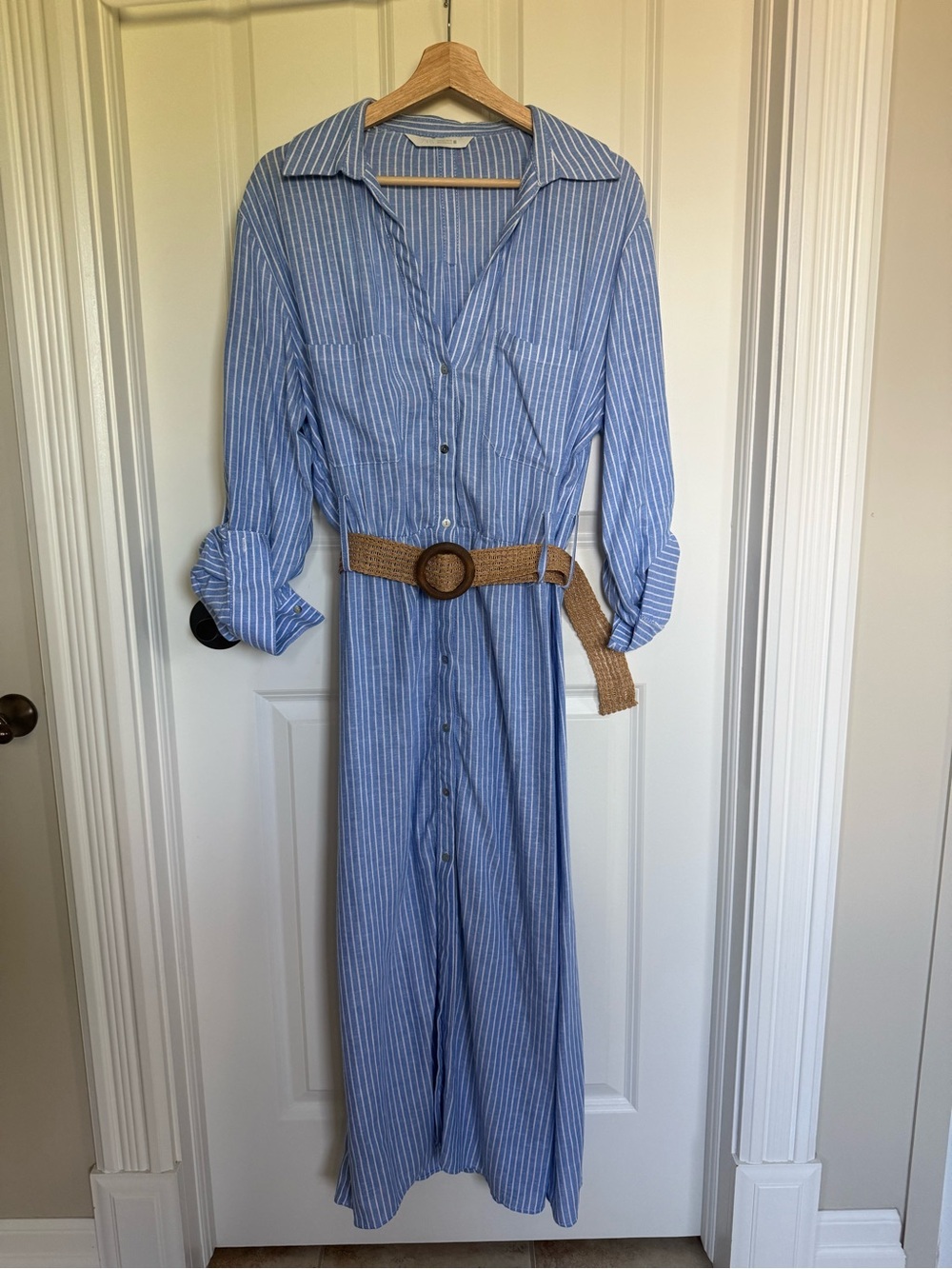 Zara Blue White Striped Maxi Shirt Dress Woven Belt Size L